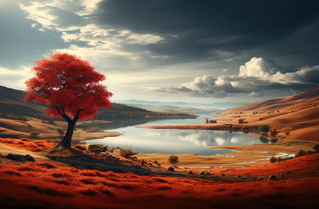 Autumn hills is landscape with lake, red style.の素材