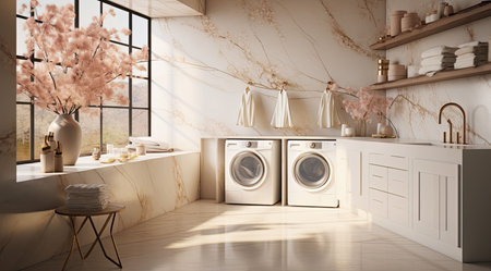 An efficient modern bathroom with white washer and dryerの素材