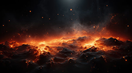 An image showing a burst of glowing orange on black surface, in the style of sci-fi, atmosphericの素材
