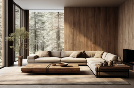 large living room featuring wooden paneling. soft sofa.の素材