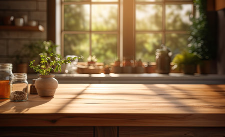 Wooden clean table, The sun shines through the window.の素材