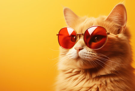 orange cat wearing sunglasses on a yellow background.の素材