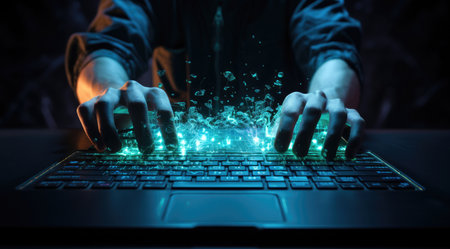 Personal computer with hands typing on the screen in dark, hacker concept.の素材