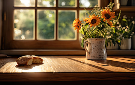 Wooden clean table with cake, The sun shines through the window.の素材