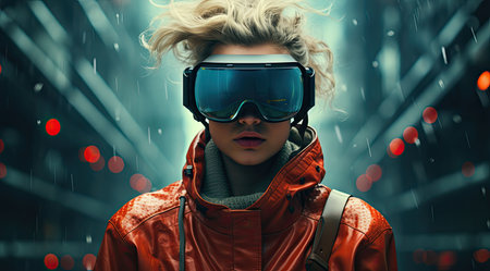 Person wearing VR in the future , cityscape, dark teal and crimson, cypherpunk.の素材