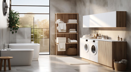 An efficient modern bathroom with white washer and dryerの素材