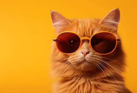 orange cat wearing sunglasses on a yellow background.の素材
