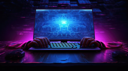 Personal computer with hands typing on the screen in dark, hacker concept.の素材
