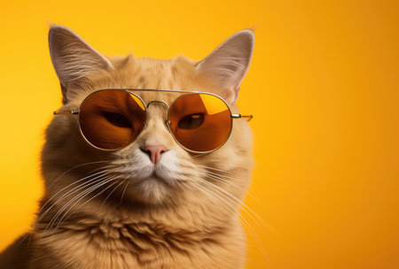 orange cat wearing sunglasses on a yellow background.の素材