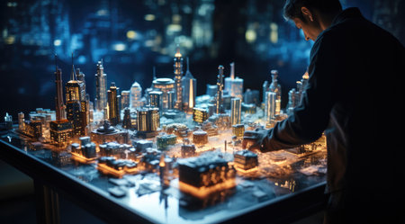 Businessman looking at miniature city at night. Mixed media.の素材