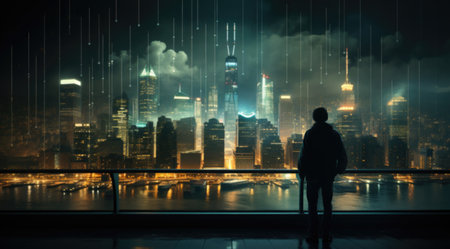 Man standing and watching the skyline.の素材
