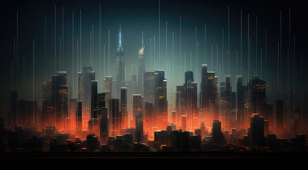 Futuristic city with straight line and glowing lights at night. Futuristic landscape.の素材