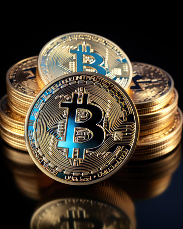 Bitcoin on the background of coins. Bitcoin is a modern way of exchange and this cryptocurrency is a convenient means of payment in the financial and web markets.の素材