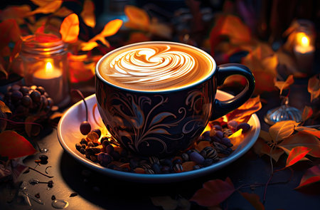 Cup of coffee with latte art on dark background.の素材