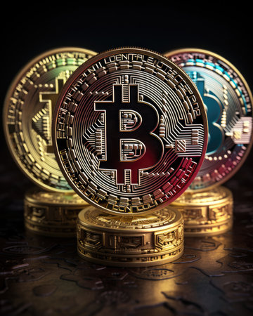 Bitcoin on the background of coins. Bitcoin is a modern way of exchange and this cryptocurrency is a convenient means of payment in the financial and web markets.の素材