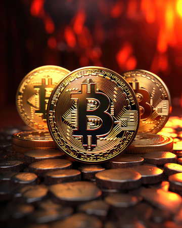 Bitcoin on the background of coins.の素材