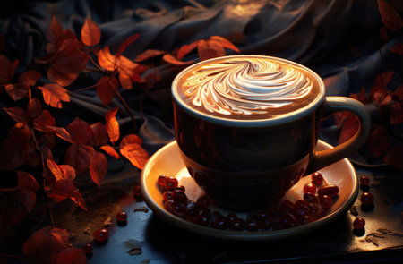 Cup of coffee with latte art on dark background with autumn leaves.の素材