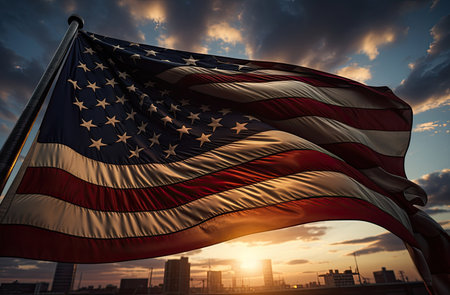 American flag waving in the wind with city skyline at sunset background.の素材