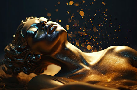 Beautiful woman with golden makeup lying on a black background. Beauty, fashion.の素材