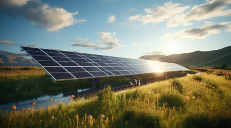 Solar energy panels in the field at sunset.の素材