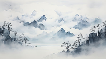 Mountains in the clouds. Landscape with snow-capped peaks.の素材