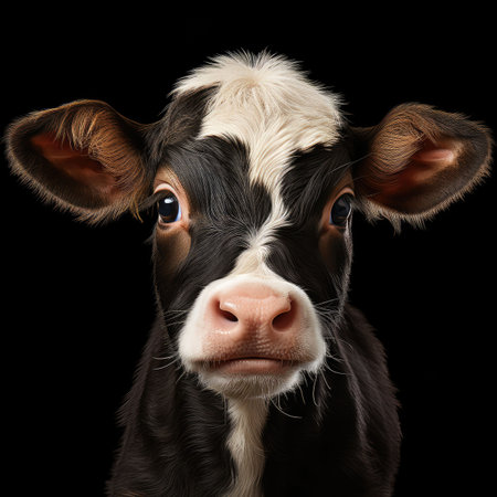 Portrait of a black and white cow isolated on a black background.の素材