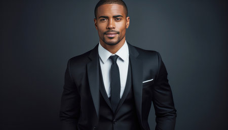Portrait of handsome African American man in suit on dark background.の素材