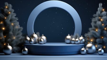 blue podium with Christmas balls and fir tree.の素材