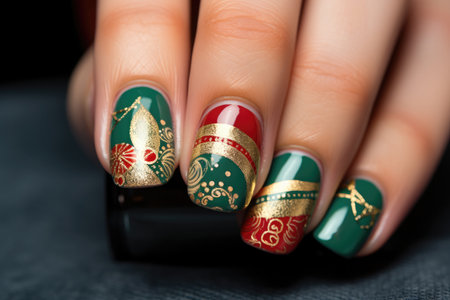 Female hand with red and green nail design. Nail polish manicure.の素材