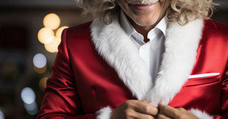 Close-up of senior man wearing Santa Claus clothes in restaurant.の素材