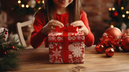 Little girl opening gift box at table in room decorated for Christmas, closeup.の素材