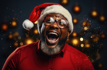 African American man in red shirt and Christmas hat on dark background.の素材