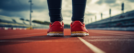Close up of female legs in red sneakers standing on the running track.の素材