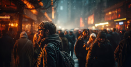 Unidentified people walking in Regent Street at night. Regent Street is a major shopping street in London.の素材