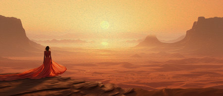 oil painting illustration of a woman in a red dress in the desertの素材