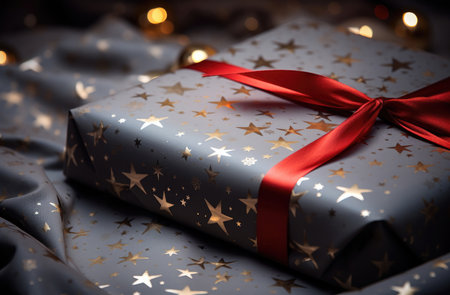 Gift box with red ribbon and golden stars on a dark background.の素材