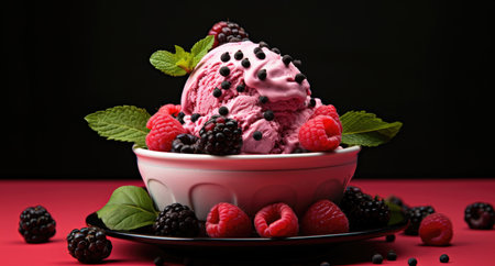 Raspberry ice cream with fresh raspberries and blackberries.の素材