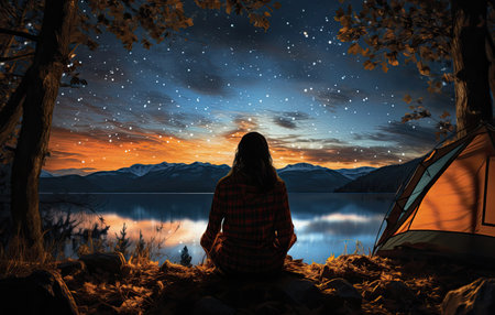 Woman sitting on the lake shore and watching the night starry sky.の素材