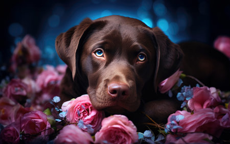 Studio portrait of chocolate labrador retriever puppy with pink flowers.の素材