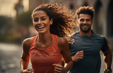 Young couple jogging in the city. Healthy lifestyle and fitness concept.の素材