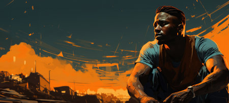 African American man in the city at night.の素材