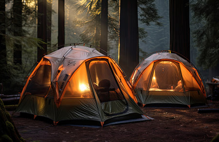 Camping tent in the forest at night. Camping in the sunset.の素材