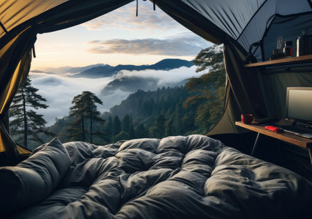 Camping in the mountains with a beautiful view of the fog.の素材