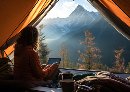 Young woman using tablet in camping tent at mountains. Camping concept.の素材