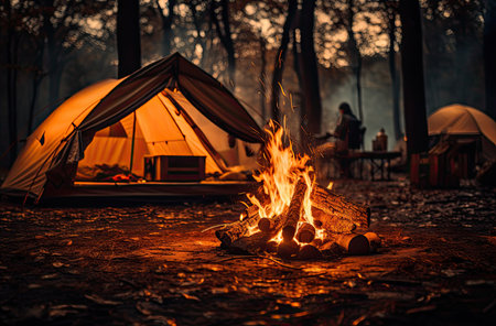 Camping in the forest, bonfire and tent on the background.の素材