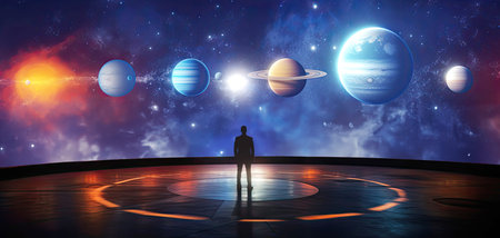 A businessman stood in front of a huge electric screen with solar system.の素材