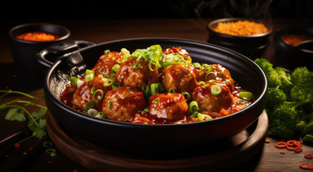 Delicious, steaming meatballs in a bowl.の素材