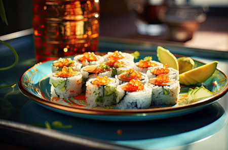 Delicious sushi and vegetables on the plate in black background.の素材