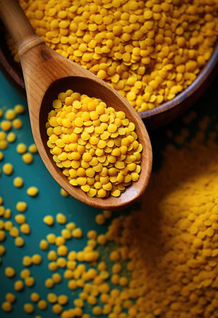 wooden spoon and a wooden bowl with yellow corn particlesの素材