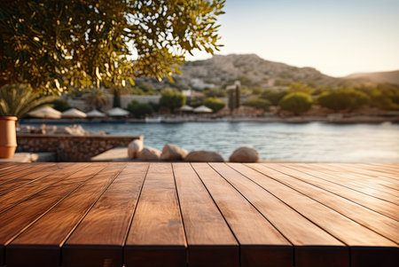 wooden deck with blue water in the backgroundの素材
